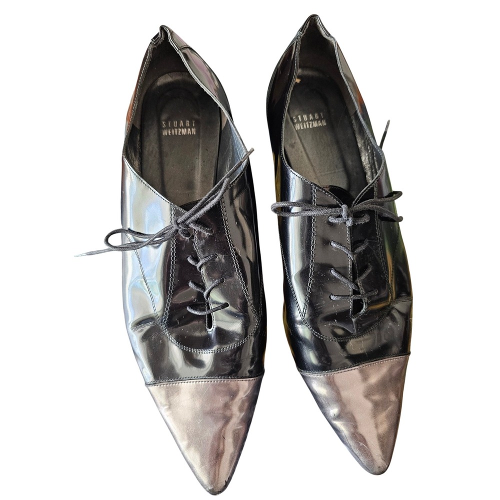 Stuart Weitzman Black Patent Leather Silver Cap Point Toe Oxford Flats 12 M YJ01